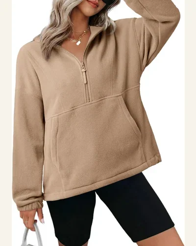 Cropped Sweatshirt Half Zip Stand Neck Lightweight Fleece, view 4