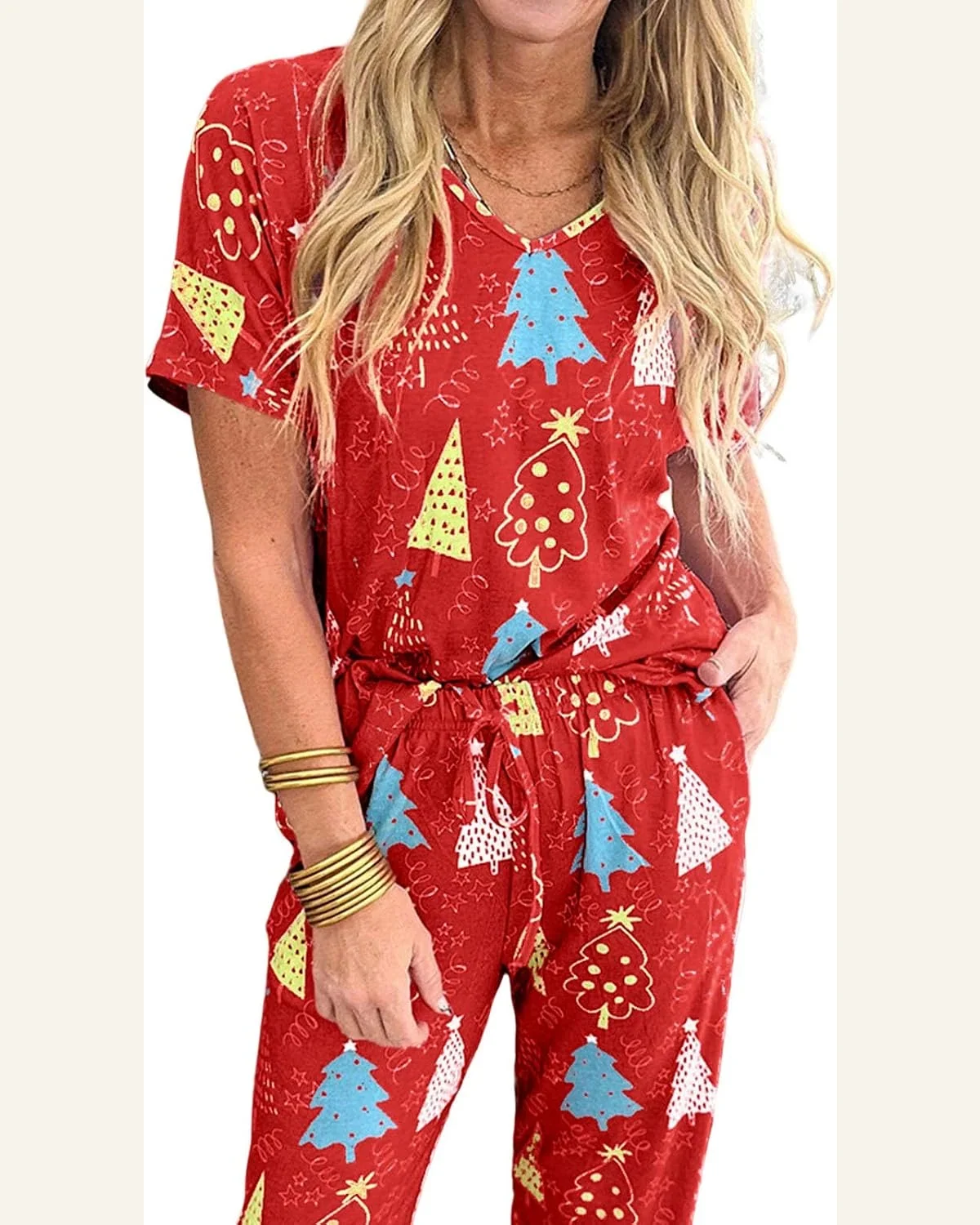 Pajamas Christmas Tree Print V Neck Tee by SELINK