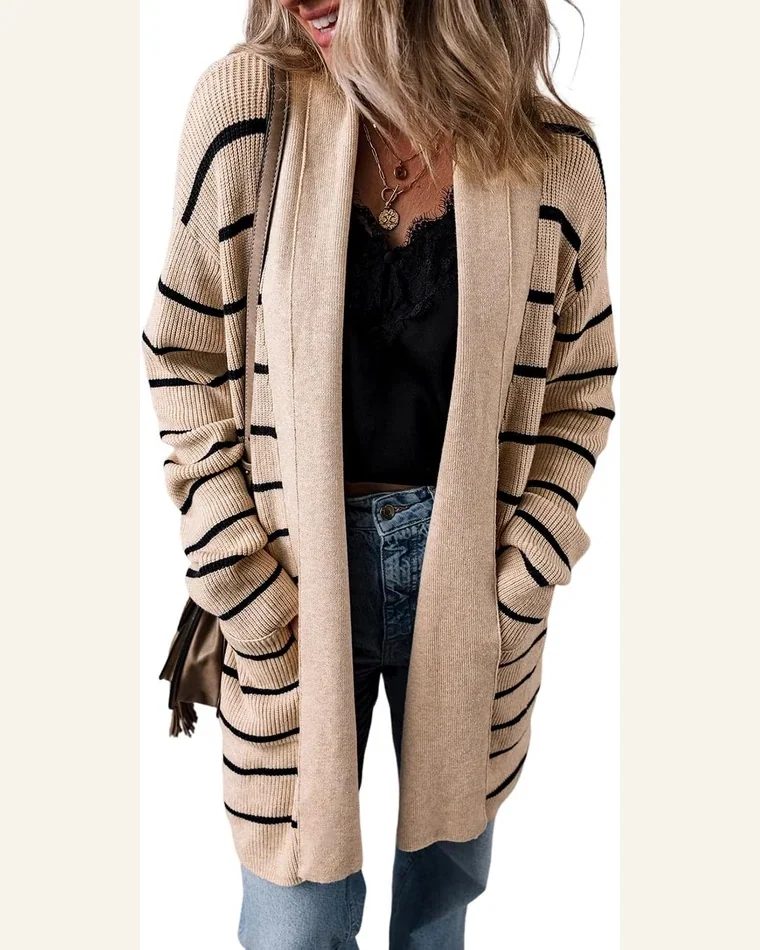 Casual Black Stripe Cardigan Sweater Shawl Neckline Open by SELINK