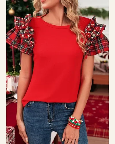 Ruffle Short Sleeve Summer Tops Plaid Pearl Crewneck, view 2