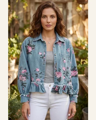 Floral Print Raw Seam Ruffle Hem Denim Jacket, view 3