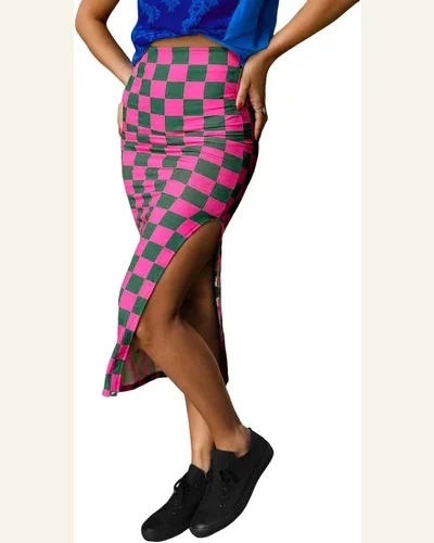 Casual Rose Checkered Print Side Slit Skirts High, view 1
