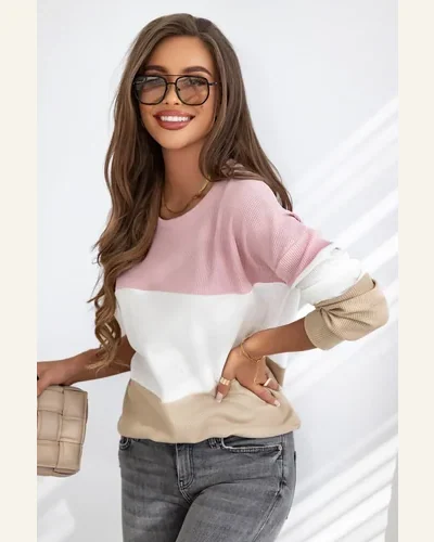 Tunic Tops Casual Pink Colorblock Waffle Knit Long, view 3