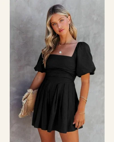 Jumpsuits Short Sleeve Black Square Neck Ruched Puff, view 4