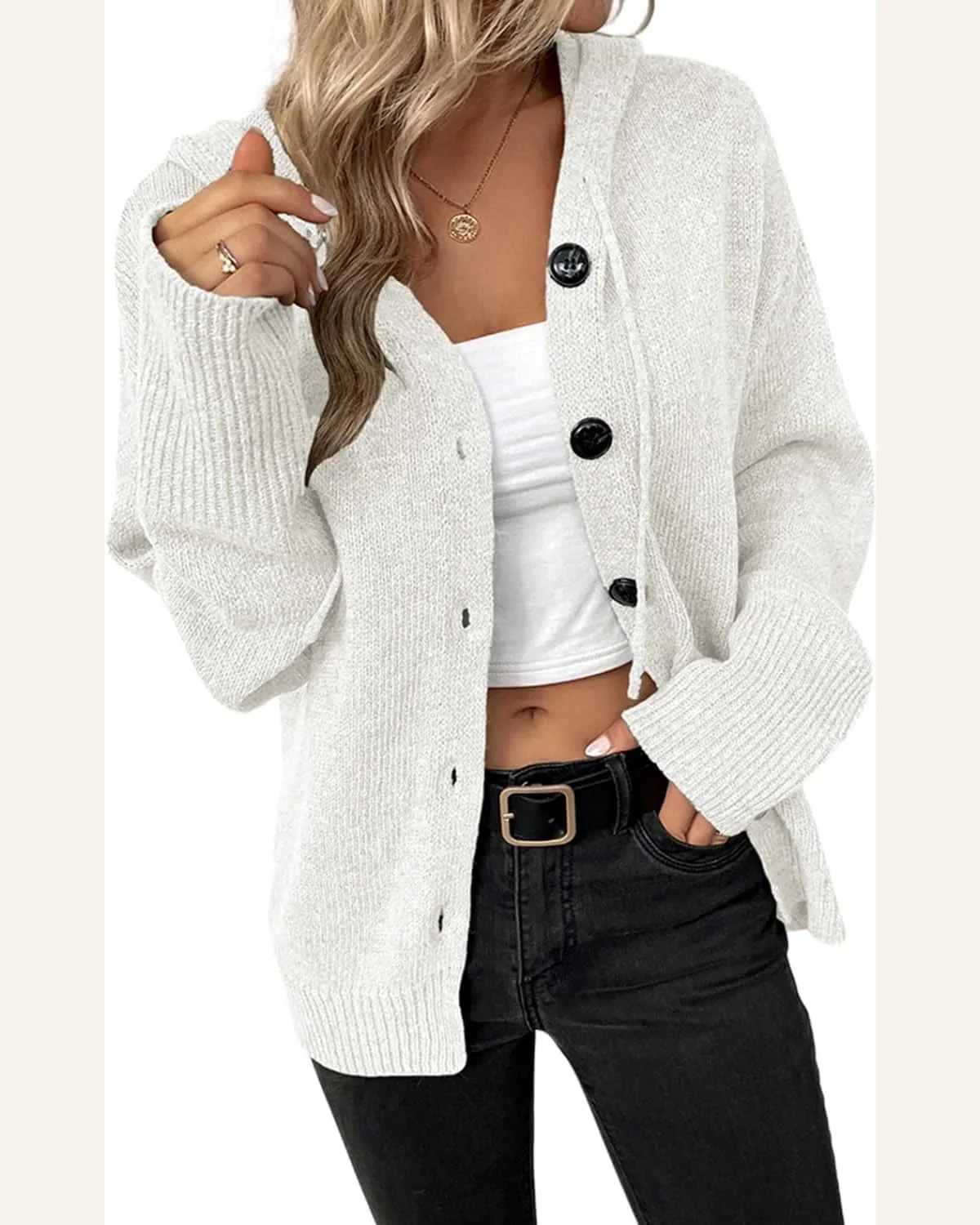 Cardigan Sweater Casual Drawstring Hooded Button Up Drop by SELINK