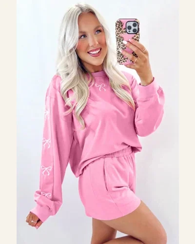 Casual Light Sachet Pink Bow Embroidered Puff Sleeve Sweater, view 4