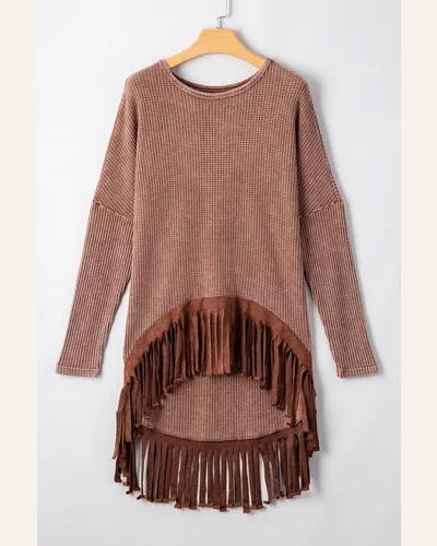 Tunic Tops Western Coffee Waffle Knit Fringed High, view 4