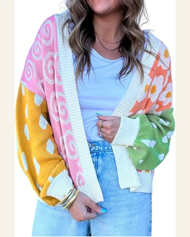 Cardigan Sweater Casual Orange Flower & Dotted Mixed by SELINK