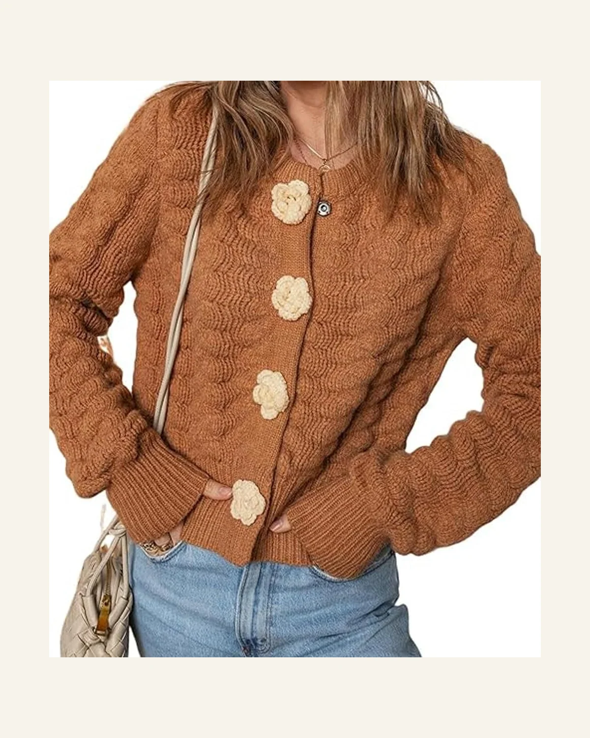Casual Cardigan Sweater Chestnut 3D Flower Snap Button by SELINK