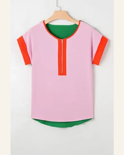 Short Sleeve T Shirt Casual Rose Red Contrast, view 3