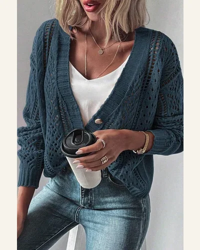 Cardigan Sweater Basic Real Teal Open Knit Drop, view 3