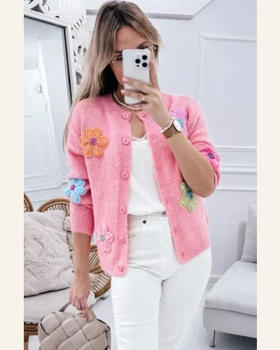 Cardigan Sweater Elegant Pink Knitted Floral Pattern Button, view 3