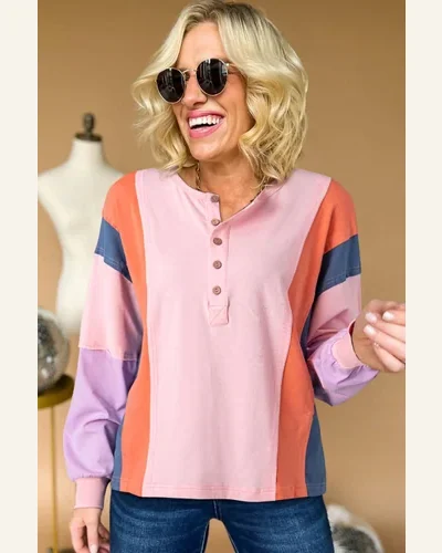 Tunic Tops Casual Pink Colorblock Long Sleeve Buttons, view 3
