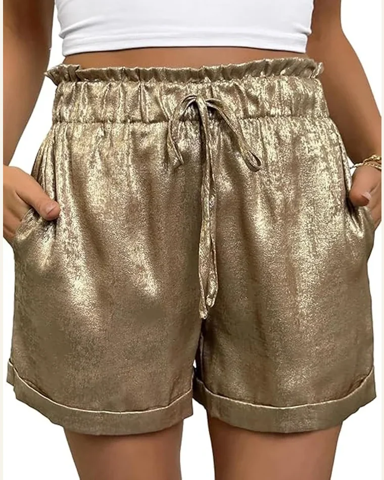 Casual Gold Metallic Luster Tie Elastic Waist Shorts by SELINK