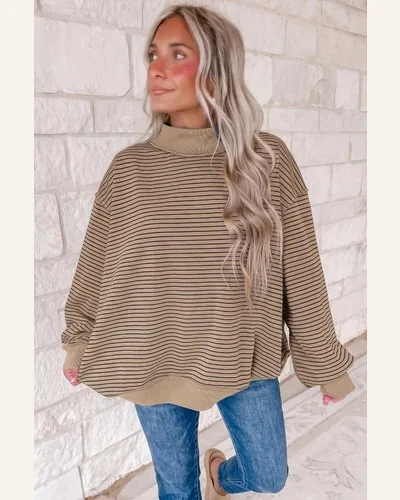 Stripe Mock Neck Oversized Pullover Sweatshirt, view 2