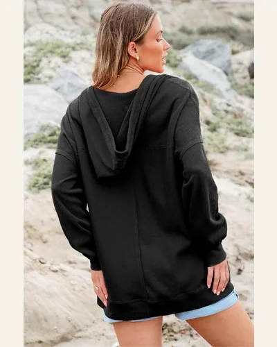 Basic Waffle Drop Shoulder Exposed Seam V Neck Sweatshirt, view 2
