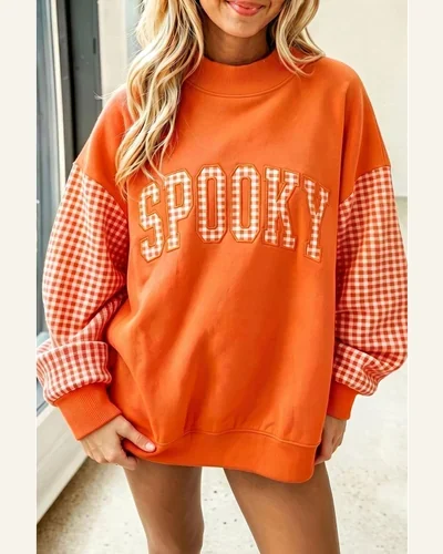Oversized Mockneck Sweatshirt Plaid Letter Print Pullover Top, view 2