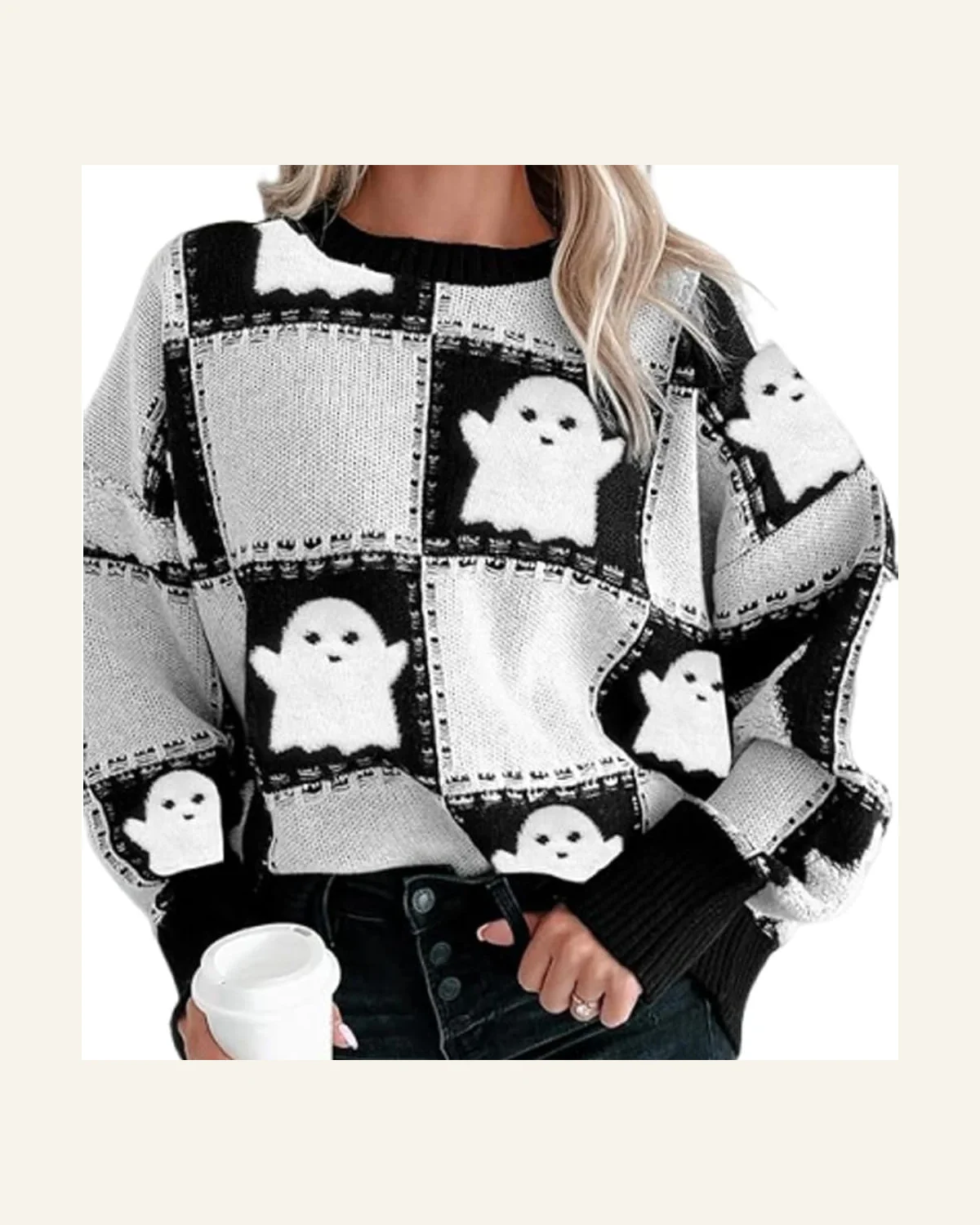 Casual Black Halloween Ghost Pullover Sweater Tops Checkered by SELINK