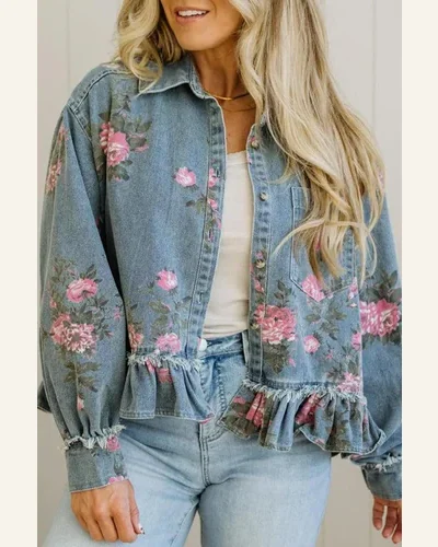 Floral Print Raw Seam Ruffle Hem Denim Jacket, view 4