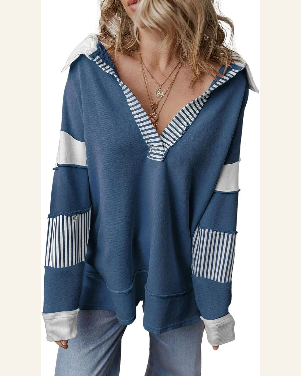 Striped Colorblock Patchwork Sweatshirt Long Sleeve V Neck by SELINK