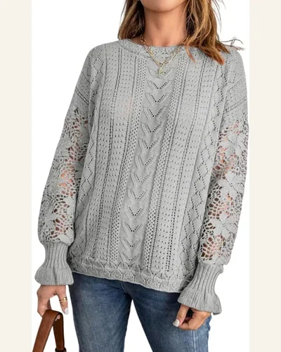 Pullover Sweater Tops Gray Crochet Lace Pointelle Knit, view 1