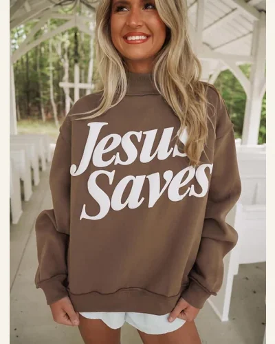 Jesus Saves Sweatshirt Stand Neck Baggy Pullover, view 2