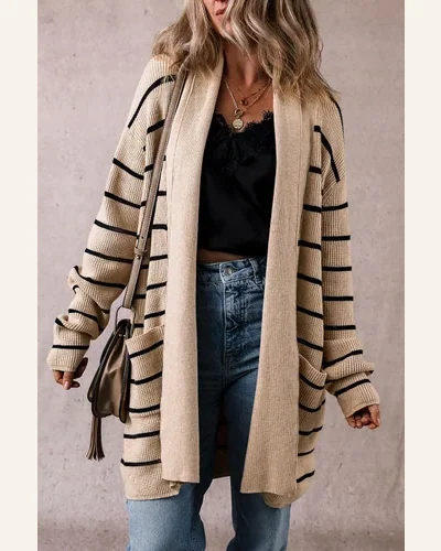 Casual Black Stripe Cardigan Sweater Shawl Neckline Open, view 3