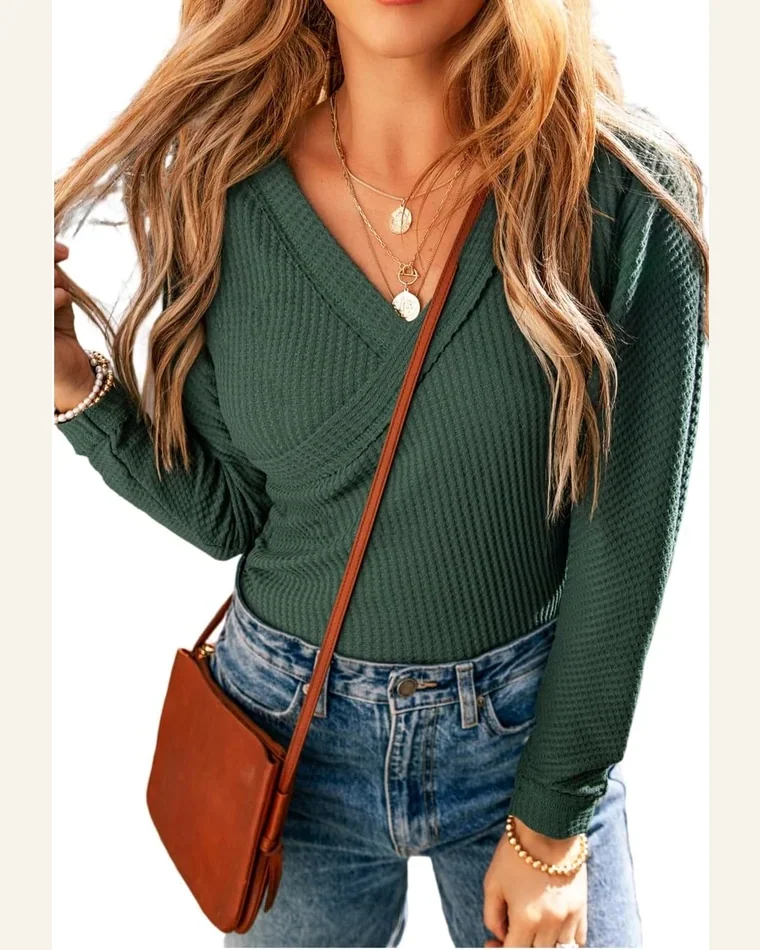Bodysuit Elegant Blackish Green Waffle Knit Slim Fit by SELINK