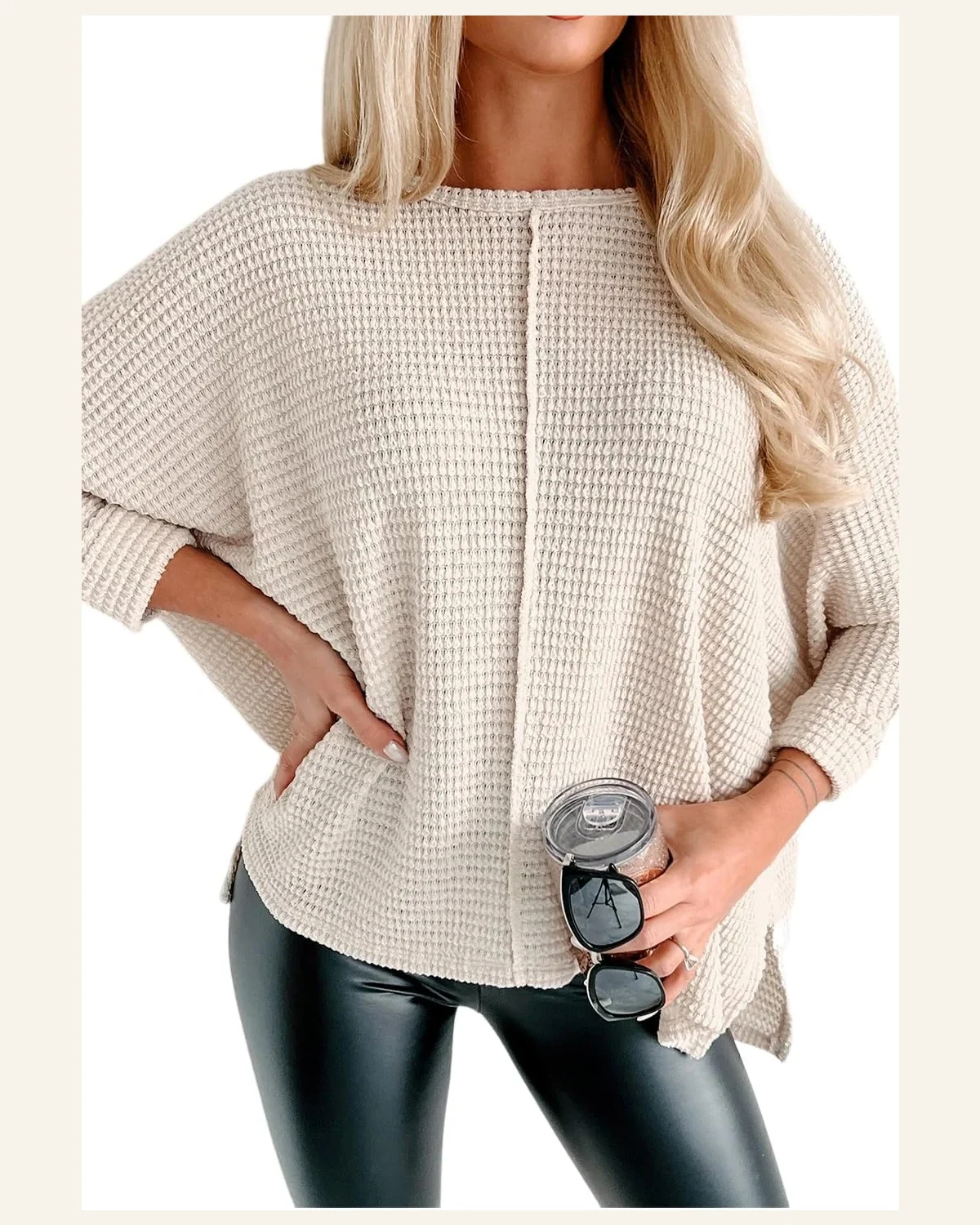 Tunic Tops Casual Apricot Waffle Knit Splits Batwing by SELINK