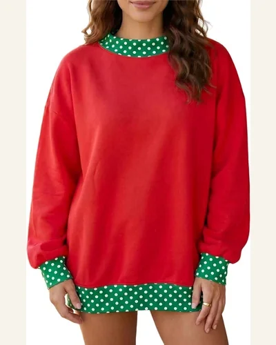 Colorblock Polka Dot Oversized Sweatshirt Pullover Patchwork Tops, view 3
