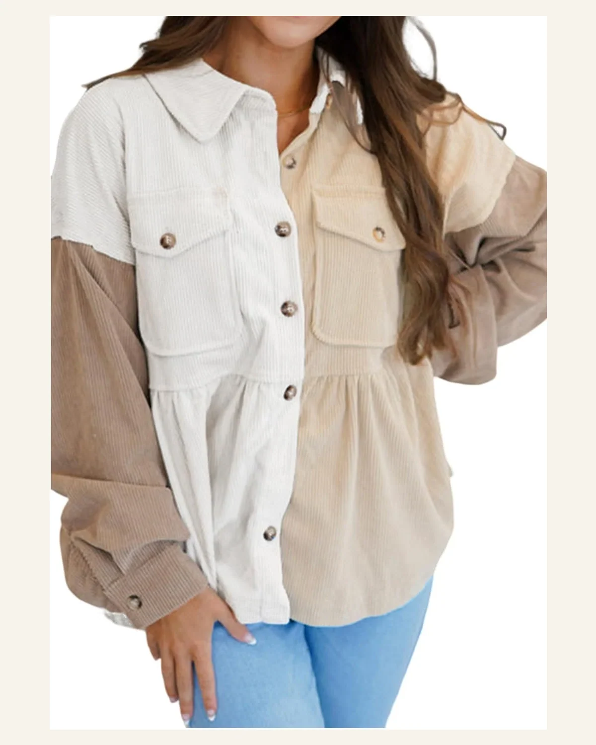 Shacket Jacket Casual Khaki Corduroy Colorblock Button by SELINK
