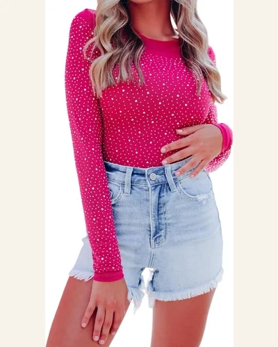 Bodysuit Casual Rose Rhinestone O-neck Long Sleeve Bodysuit, view 1