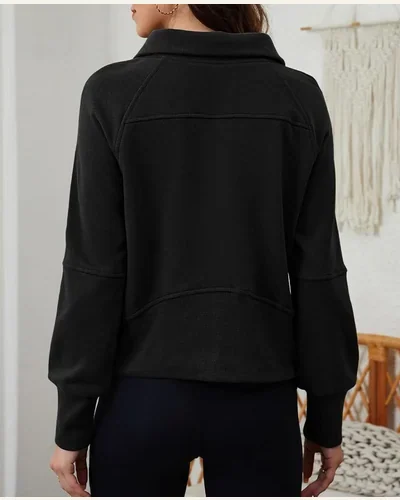 Pullover Sweatshirts Half Zip Cropped Casual Long Sleeve, view 2