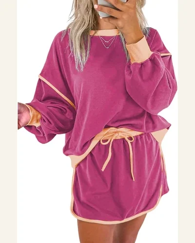 Two Piece Lounge Sets Color Contrast Crewneck Pullover, view 4