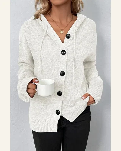 Cardigan Sweater Casual Drawstring Hooded Button Up Drop, view 3