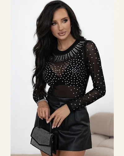 Bodysuit Black Rhinestone Sheer Mesh Long Sleeve Bodysuit, view 3