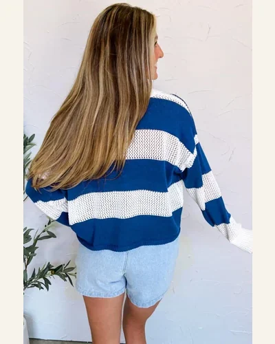 Casual Colorblock Pullover Sweater Tops Blue Stripe Polo, view 2
