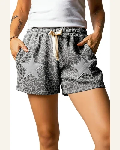 Western Gray Leopard Star Shorts with Pocket Colorblock, view 3