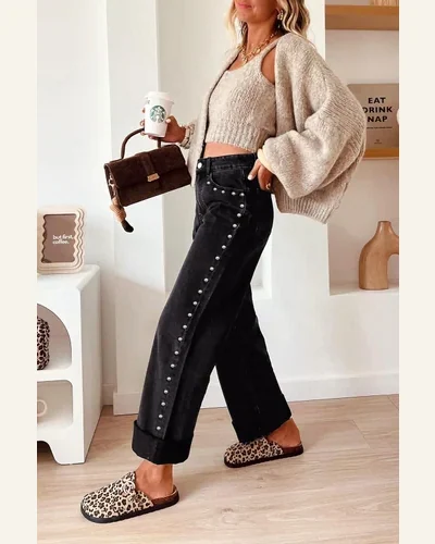Casual Studded Jeans Straight Wide Leg Pant 4, view 3