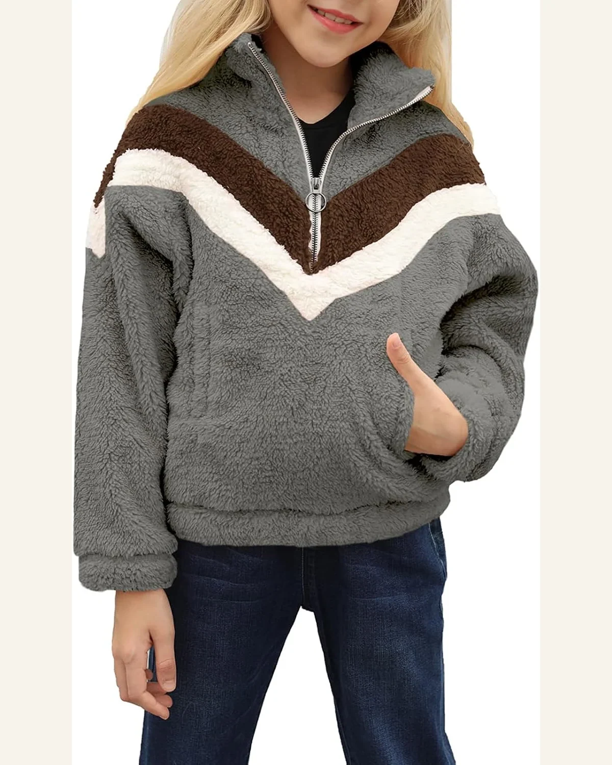 Girls Fuzzy Fleece Pullover Stripe Color Block Half by SELINK