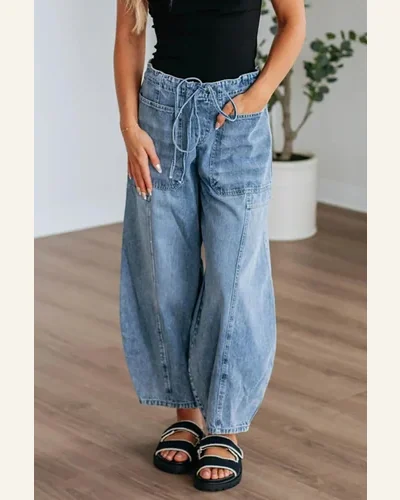 Casual High Waisted Jeans Pocket Drawstring Paperbag Waist, view 3