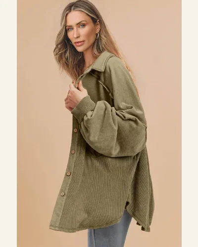 Shacket Jacket Casual Moss Green Waffle Knit Patchwork, view 3
