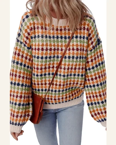 Casual Multicolour Dotty Striped Pattern Pullover Sweater Tops, view 1