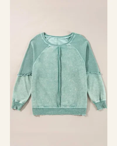 Casual Mineral Blue Waffle Knit Sweatshirts Solid Patchwork, view 3