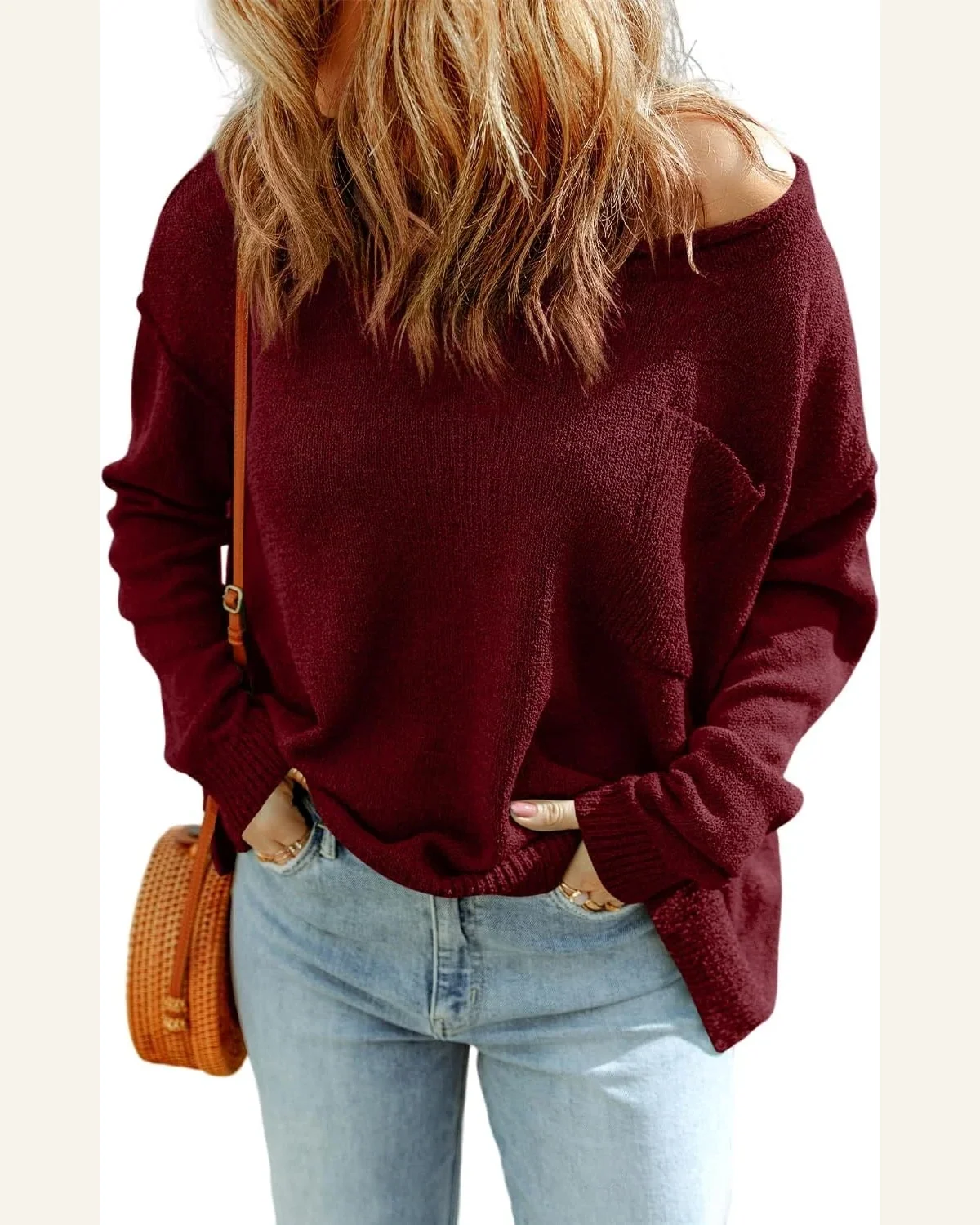Pullover Sweater Tops Basic Burgundy Solid Color Off by SELINK
