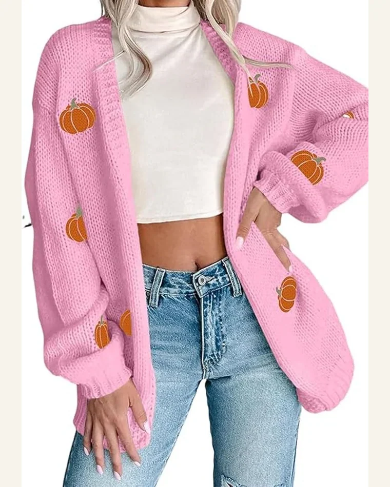 Casual Pink Pumpkin Print Cardigan Sweater Open Front by SELINK