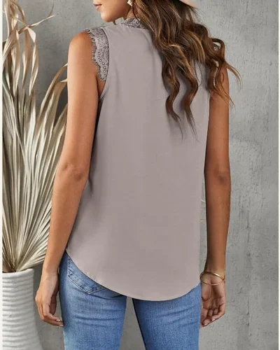 Lace Trim Tank Top Casual V Neck Sleeveless, view 2