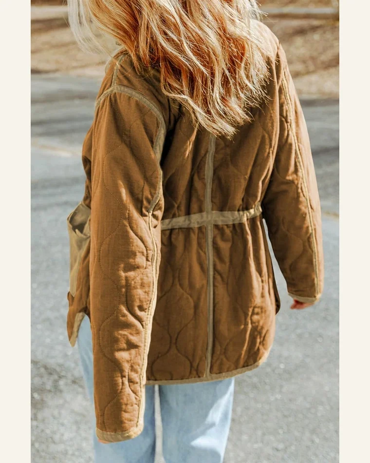 Shacket Jacket Basic Stitching Quilted Drawstring Jacket Solid by SELINK, view 2