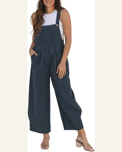 Casual Loose Sail Blue Plaid Print Buttoned Pocketed Jumpsuit, view 1