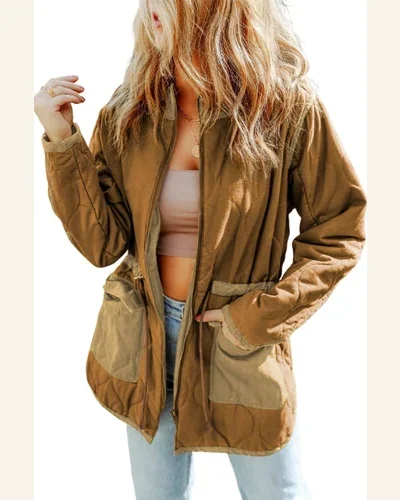 Shacket Jacket Basic Stitching Quilted Drawstring Jacket Solid, view 1